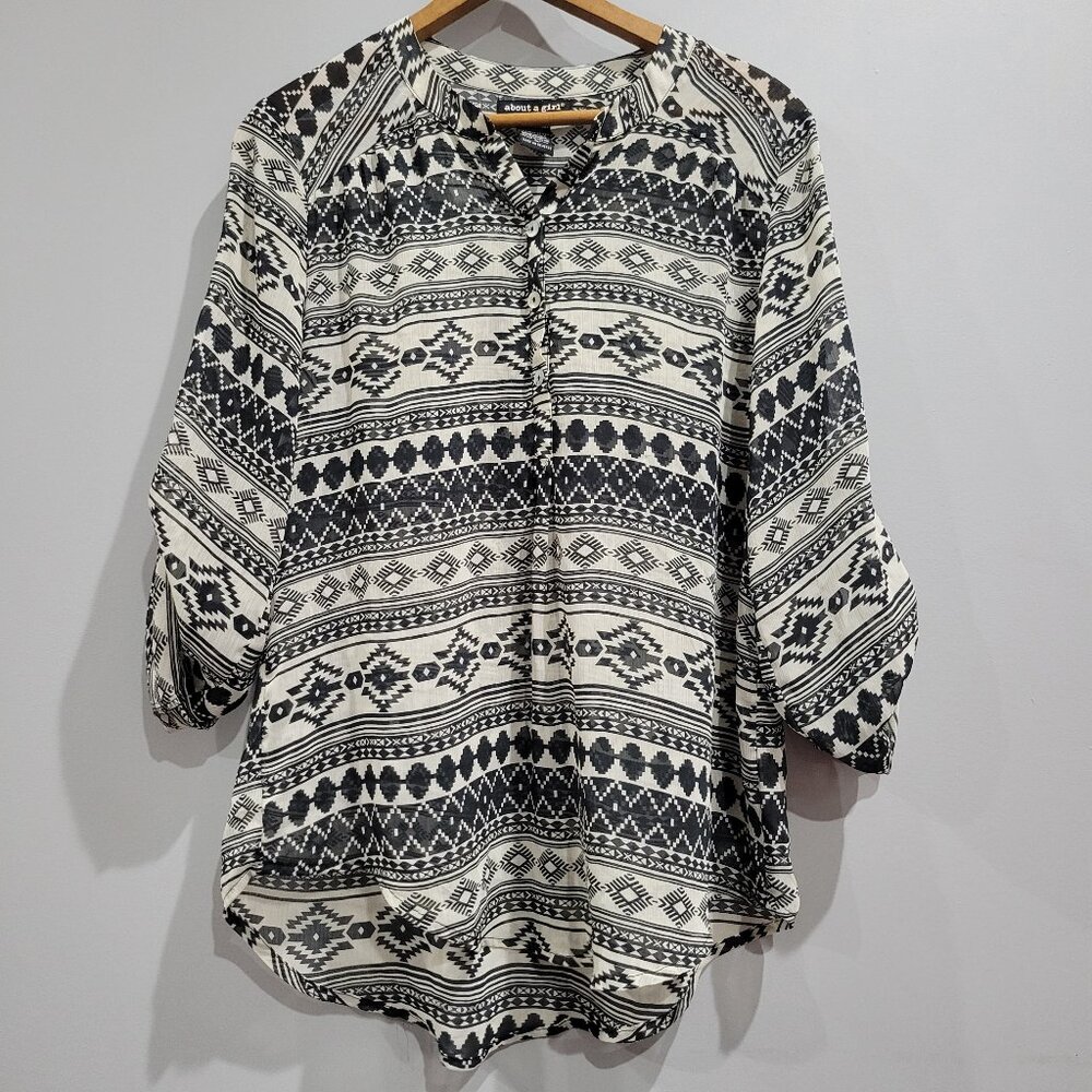 About A Girl Womens Blouse Size Medium Black Bohemian Pattern Button Down Sheer